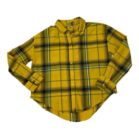 BP Plaid Frayed Hem Flannel Button Up Top - Yellow Multi - Small - Picture 9 of 11